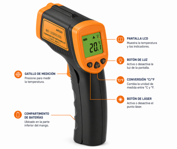 Termometro Infrarrojo AR320 -32°C a 380°C con Guia Laser